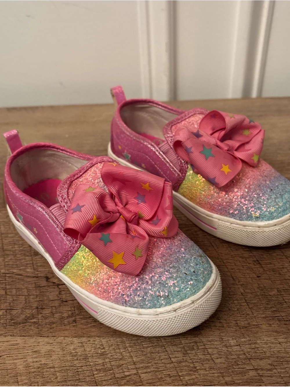 JoJo Siwa Pink Glitter Rainbow Slip-On Sneakers with Star Bow